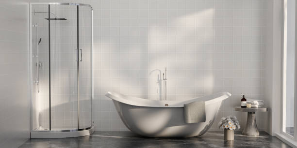 istock Minimal style white bathroom 3d render, white wall and ceramic floor, The room has large windows. 3d render 1740459453