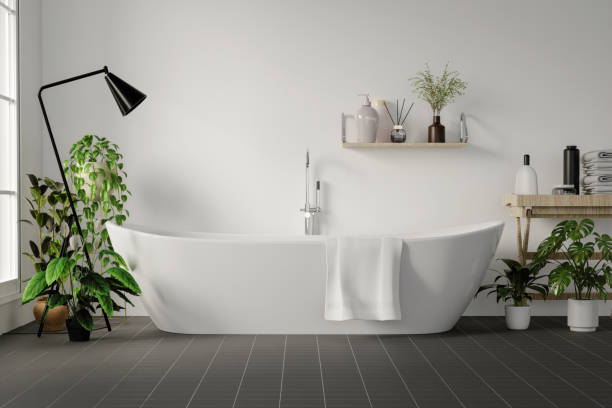 istock Minimal style white bathroom 3d render, white wall and ceramic floor, The room has large windows. 3d render 1740460004