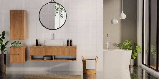 istock 3D render a wood counter with decoration washbasin and modern style white bathroom 3d render, white wall ceramic and mirrors. 3d render 1740460032