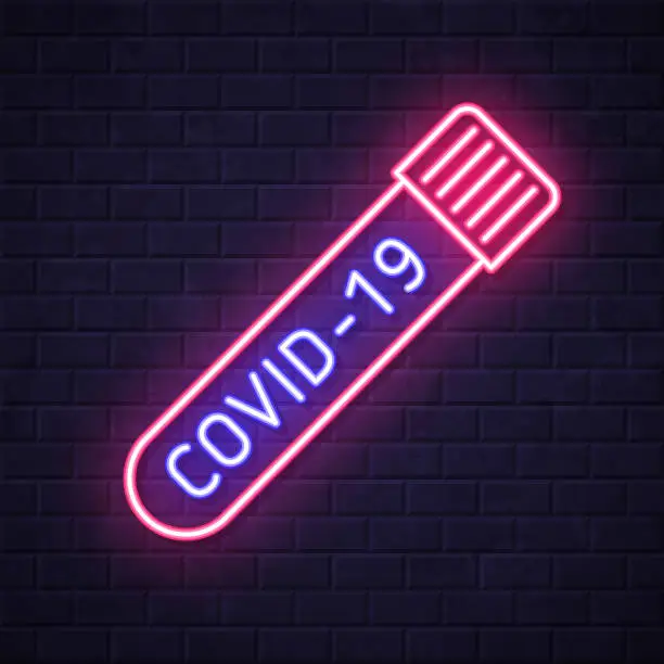 Vector illustration of Coronavirus COVID-19 test tube. Glowing neon icon on brick wall background