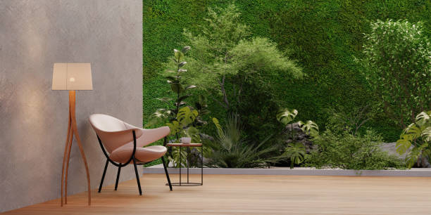 istock sofa and lamp in Empty glass room with tropical green plant wall background 3d render, white wall and wood floor.3d render. 1740461249