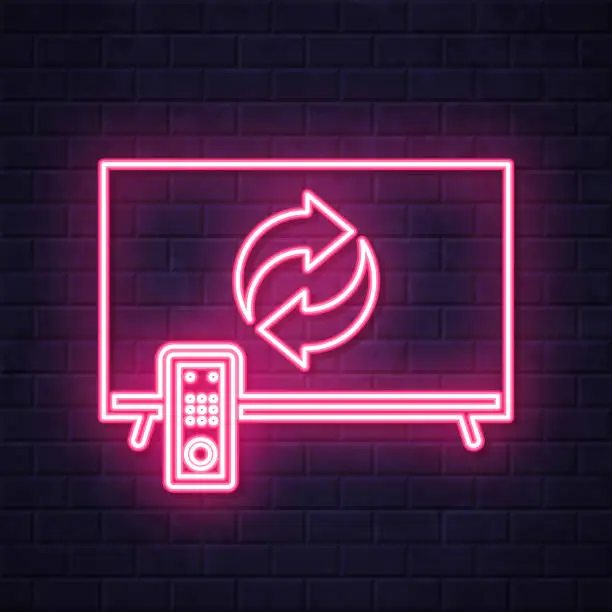 Vector illustration of Recycle symbol on TV. Glowing neon icon on brick wall background