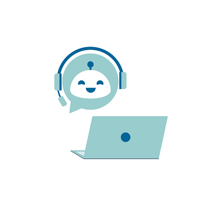 Virtual assistant Bot icon logo. Robot head with headphones chatting on a laptop. Chat Bot logo design concept.Customer support service. Flat vector.