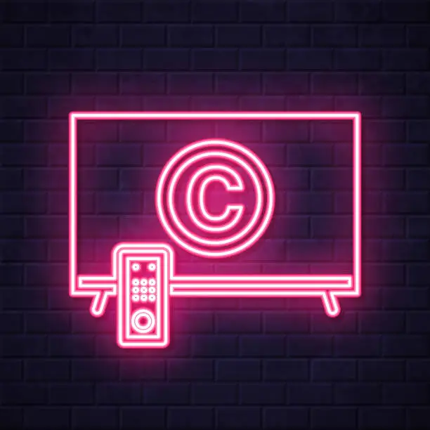 Vector illustration of TV with copyright symbol. Glowing neon icon on brick wall background