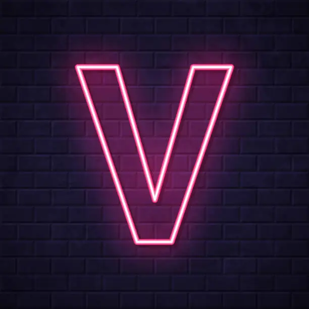 Vector illustration of Letter V. Glowing neon icon on brick wall background