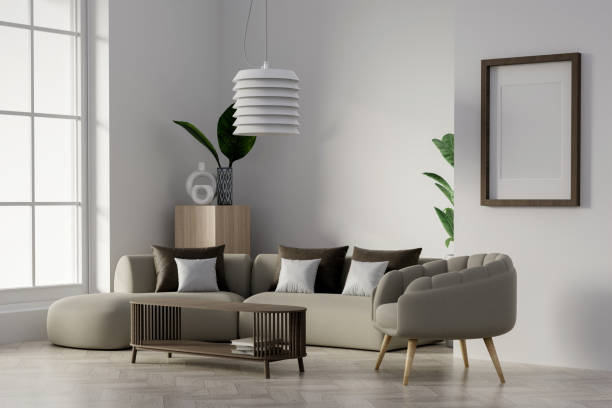 istock Modern Living room with sofa and decorate plant Minimal style 3d render, white wall and ceramic floor and large window, 3d render. 1740468055