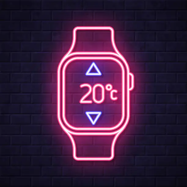 Vector illustration of Smartwatch with heating control. Glowing neon icon on brick wall background