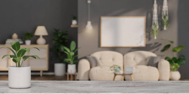 istock A blank top space with Modern Living room with sofa and decorate plant Minimal style 3d render, white wall and wood floor 3d render, 1740469029