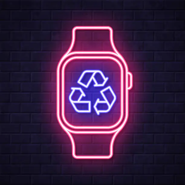 Vector illustration of Smartwatch with recycle symbol. Glowing neon icon on brick wall background