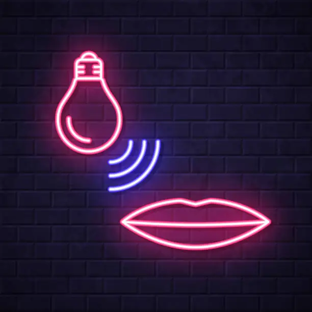 Vector illustration of Smart light bulb with voice control. Glowing neon icon on brick wall background