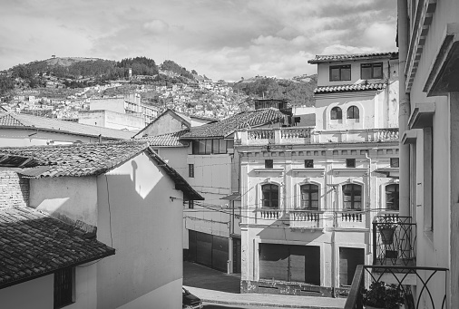 Black and white photo of Quito old town diverse architecture, Ecuador.