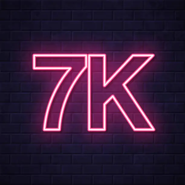 Vector illustration of 7K, 7000 - Seven thousand. Glowing neon icon on brick wall background