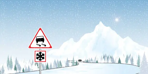 Vector illustration of Road sign warns of ice and snow at winter.