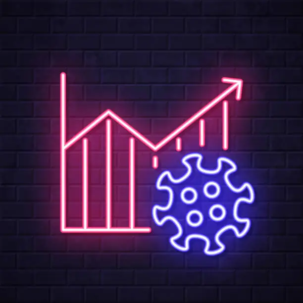 Vector illustration of Growing graph with Coronavirus cell. Glowing neon icon on brick wall background