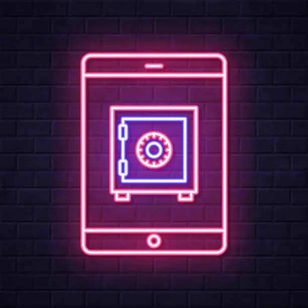 Vector illustration of Tablet PC with safe box. Glowing neon icon on brick wall background
