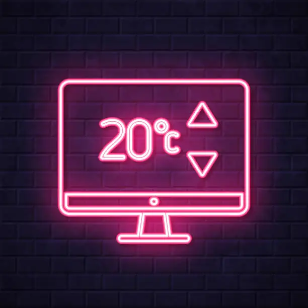 Vector illustration of Desktop computer with heating control. Glowing neon icon on brick wall background