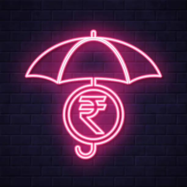 Vector illustration of Indian rupee coin under umbrella. Glowing neon icon on brick wall background