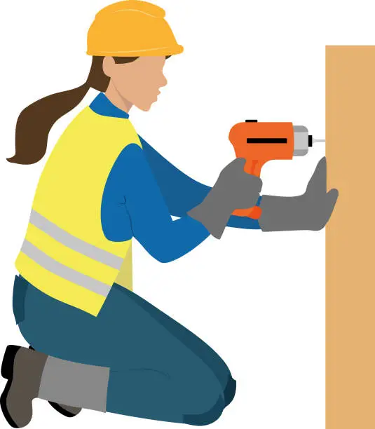 Vector illustration of A female carpenter, in a crouched position, is using an electric screwdriver to fasten a screw onto a wooden surface