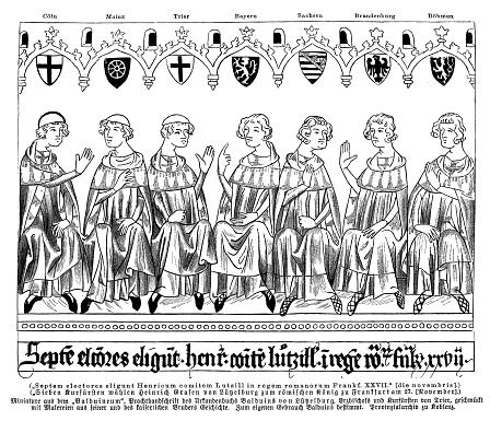 The seven prince-electors members of the electoral college that elected the emperor of the Holy Roman Empire voting for Henry VII, Balduineum picture chronicle, 1341