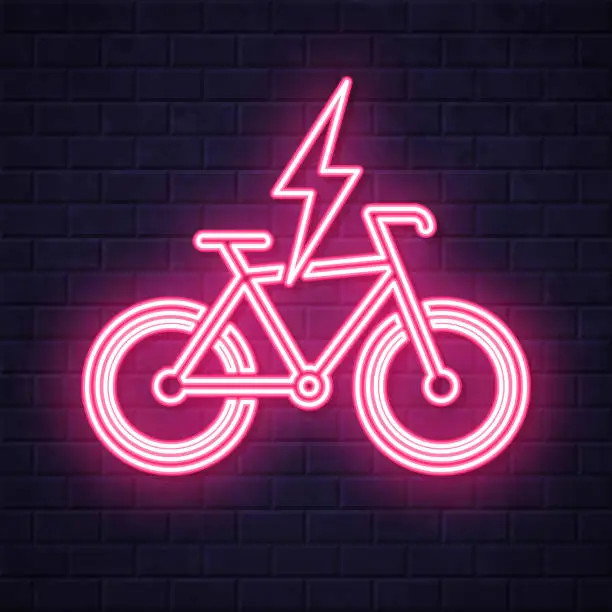 Vector illustration of Electric bike in charge. Glowing neon icon on brick wall background