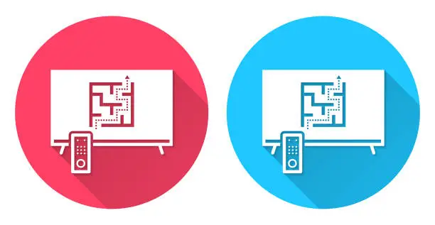 Vector illustration of TV with maze. Round icon with long shadow on red or blue background