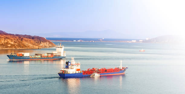 istock Selective focus. The Large container ship and reefer ship at blue sea in soft sunlight 1740487172
