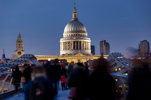 Millennium Bridge and St Paul's Cathedral in downtown London England UK