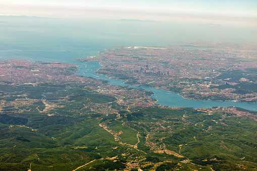 Aerial Bosphorus view from a airplane in Istanbul, Turkey.