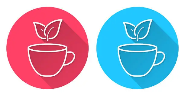 Vector illustration of Cup and tea leaves. Round icon with long shadow on red or blue background