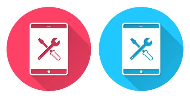 Vector illustration of Tablet PC settings - Tools. Round icon with long shadow on red or blue background