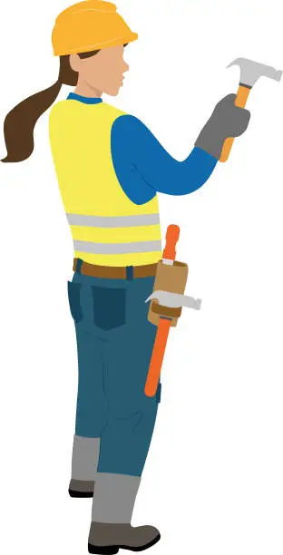 Vector illustration of A female carpenter is using her hammer