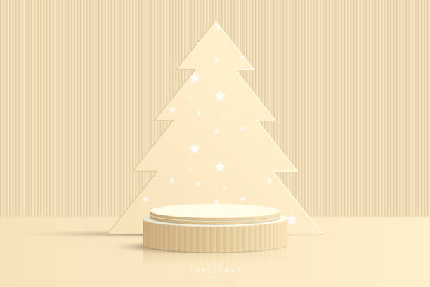 istock Abstract brown 3D cylinder podium pedestal realistic with glowing star pattern or neon star light bulb on Christmas tree backdrop. Christmas scene for product mockup. 3D vector geometric form design 1740497472