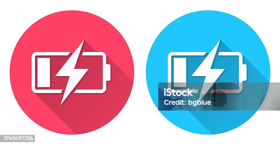 istock Battery charging. Round icon with long shadow on red or blue background 1740497706