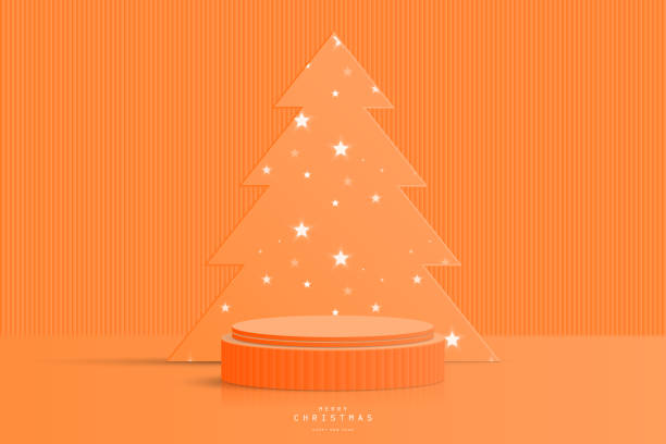 istock Abstract orange 3D cylinder podium pedestal realistic with glowing star pattern or neon star light bulb on Christmas tree backdrop. Christmas scene for product mockup. 3D vector geometric form design 1740498605