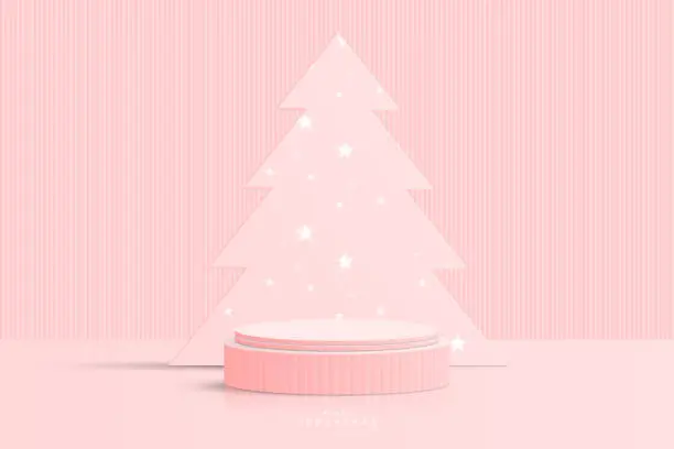 Vector illustration of Abstract pink 3D cylinder podium pedestal realistic with glowing star pattern or neon star light bulb on Christmas tree backdrop. Christmas scene for product mockup. 3D vector geometric form design
