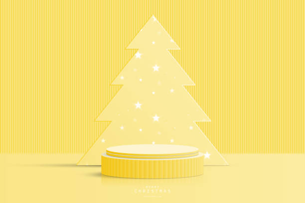 istock Abstract yellow 3D cylinder podium pedestal realistic with glowing star pattern or neon star light bulb on Christmas tree backdrop. Christmas scene for product mockup. 3D vector geometric form design 1740503709