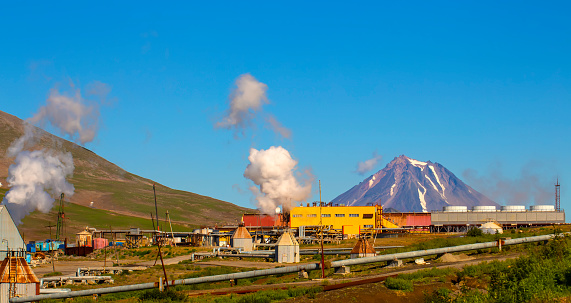 The Fan cooling towers of Mutnovskaya Geothermal Power Station using geothermal energy to produce electricity.