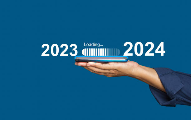2024년 컨셉의 카운트다운. 섣달 그믐 날에 진행률 표시줄을 로드하고 2023년을 2024년으로 변경하는 가상 다운로드 표시줄 - new year human hand human finger expressing positivity 뉴스 사진 이미지