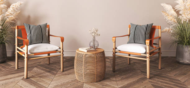 istock Japanese beige interior with colorful orange armchair. Horizontal banner panoramic background. Light modern natural australian livingroom. 3d rendering. High quality 3d illustration 1740543473