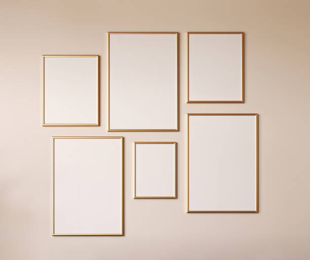 istock Modern classic beige set picture with gold frame on empty wall. Light nature scandi interior panoramic background. 3d rendering mock up. High quality 3d illustration 1740543474