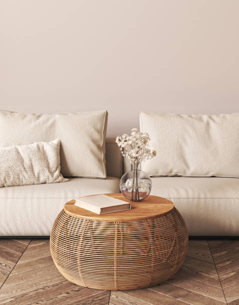 istock Japanese boho beige interior with lounge sofa and dry flower in vase background. Light modern australian livingroom closeup. 3d rendering mockup. High quality 3d illustration 1740543998