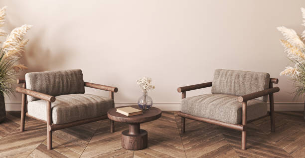 istock Japanese boho beige interior with armchair and commode background. Light modern australian livingroom. Mockup empty brown wall. 3d rendering. High quality 3d illustration 1740544016
