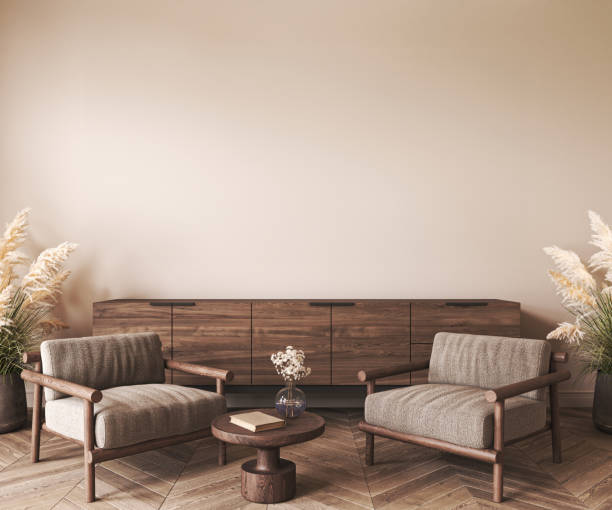 istock Japanese boho beige interior with armchair and commode background. Light modern australian livingroom. Mockup empty brown wall. 3d rendering. High quality 3d illustration 1740544020