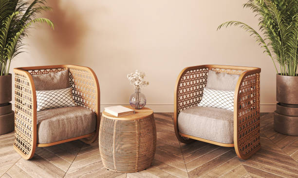 istock Japandi boho beige interior with green palm plants and armchair background. Light modern australian livingroom. 3d rendering. High quality 3d illustration 1740544021