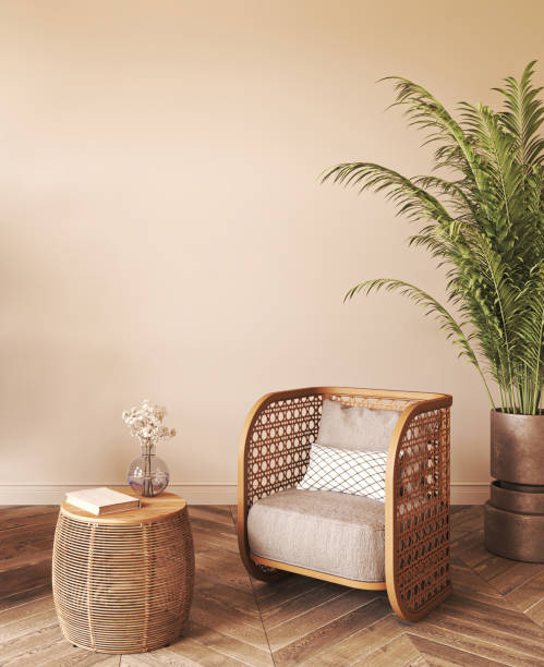 istock Japandi boho beige interior with green palm plants and armchair background. Light modern australian livingroom. 3d rendering. High quality 3d illustration 1740544023