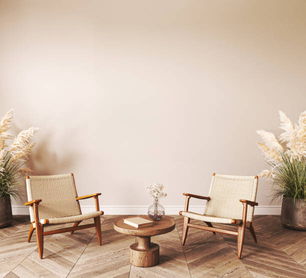 istock Japanese boho beige interior with armchair background. Light modern natural australian livingroom. Mockup empty brown wall. 3d rendering. High quality 3d illustration 1740544531