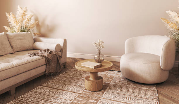 istock Japandi boho beige interior with sofa and armchair background. Light modern australian livingroom. 3d rendering. High quality 3d illustration 1740544537