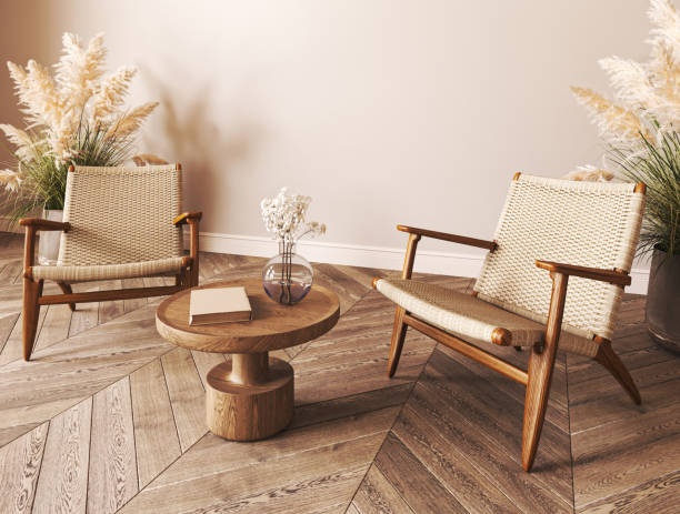 istock Japanese boho beige interior with armchair background. Light modern natural australian livingroom. Mockup empty brown wall. 3d rendering. High quality 3d illustration 1740544538
