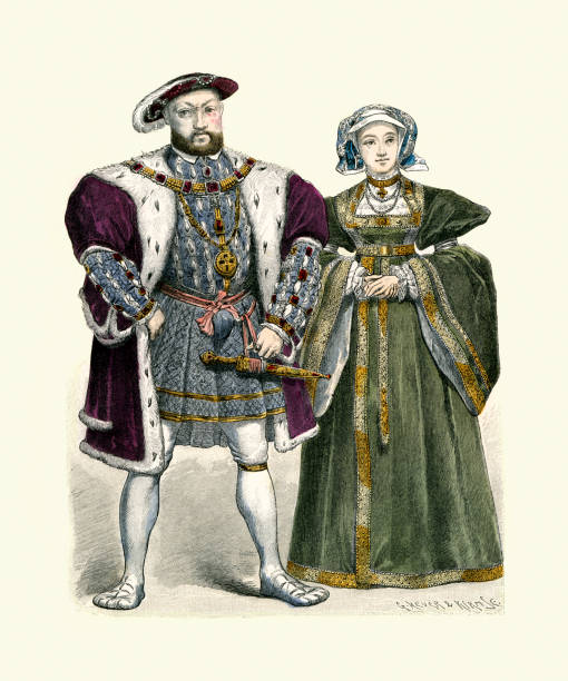 illustrazioni stock, clip art, cartoni animati e icone di tendenza di re enrico viii d'inghilterra e anna di clèves sua quarta moglie, moda tudor, 16 ° secolo, storia - henry viii tudor style king nobility