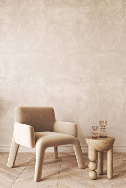 istock Japandi boho beige interior with chair and stucco background. Light modern australian livingroom with creative composition. 3d rendering. High quality 3d illustration 1740545658